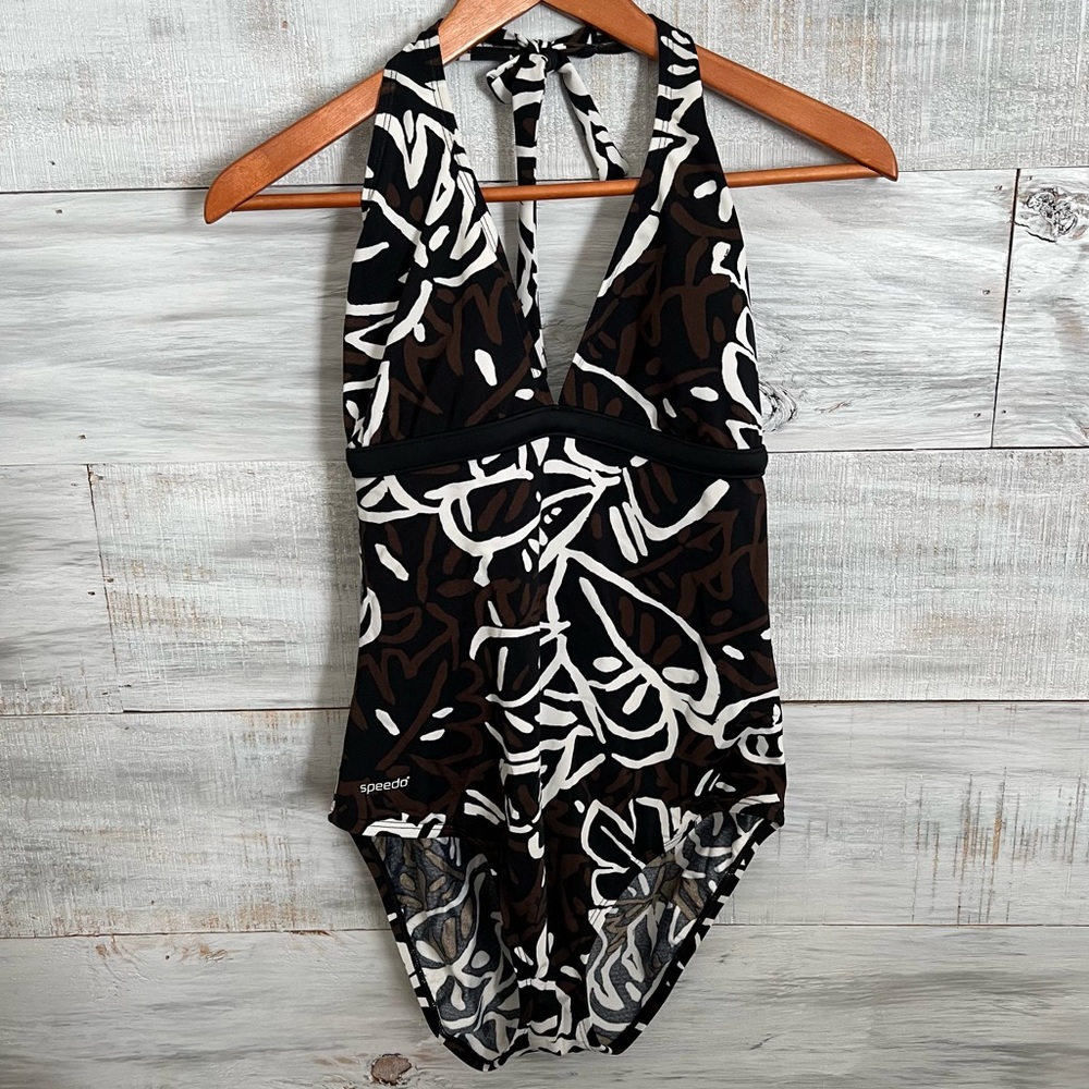 Speedo Brown/Black and White Floral Print Halter Top One Piece Swimsuit